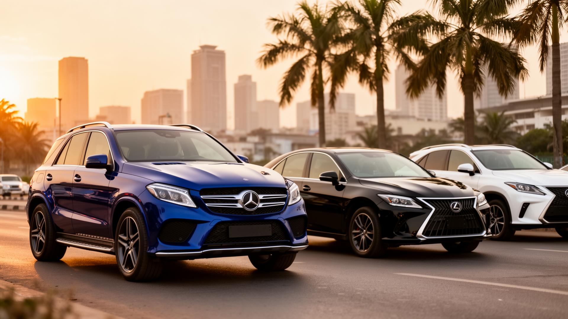 A lineup of premium cars listed on CarTraderNG against the Lagos skyline at sunset