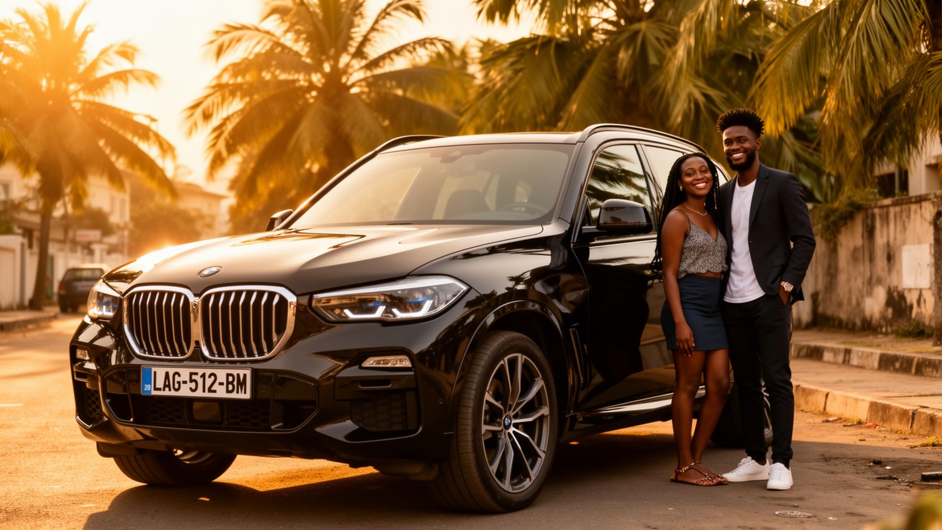 Young Nigerian couple beside a black BMW X5 in Lagos