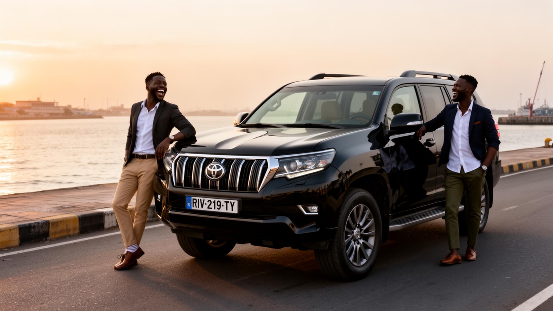 Two Nigerian men with a black Toyota Land Cruiser Prado in Port Harcourt