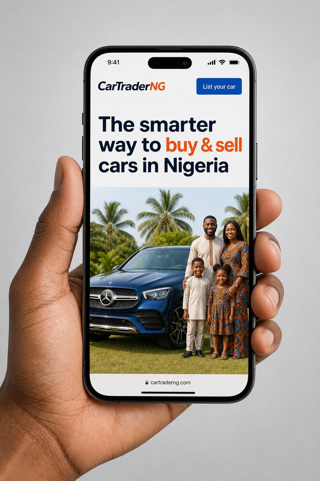 CarTraderNG mobile app shown on a smartphone held in hand