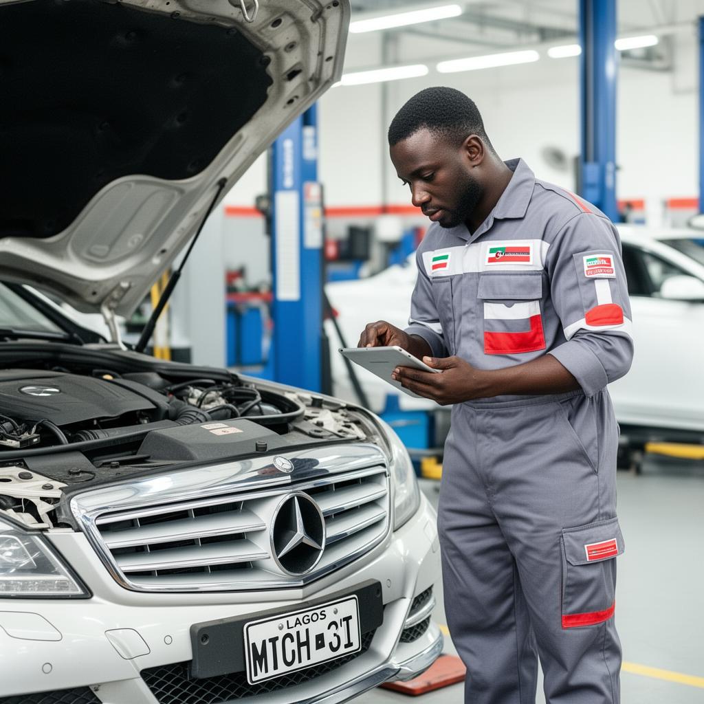 Nigerian mechanic inspecting a Mercedes-Benz at a certified Lagos inspection bay
